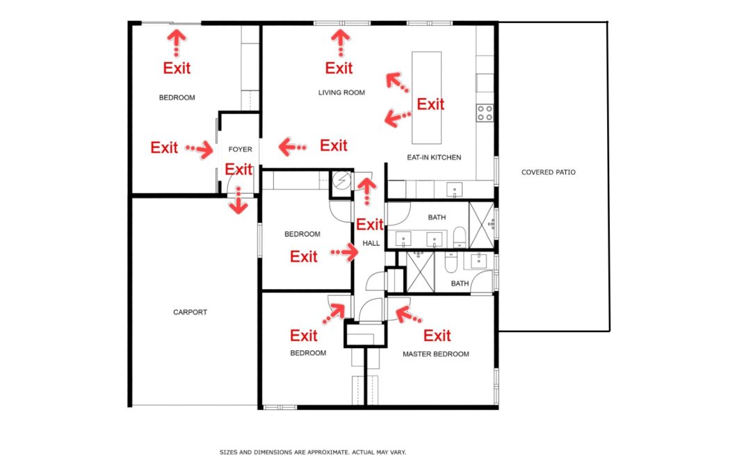 vacation rental floor plan with exit routes